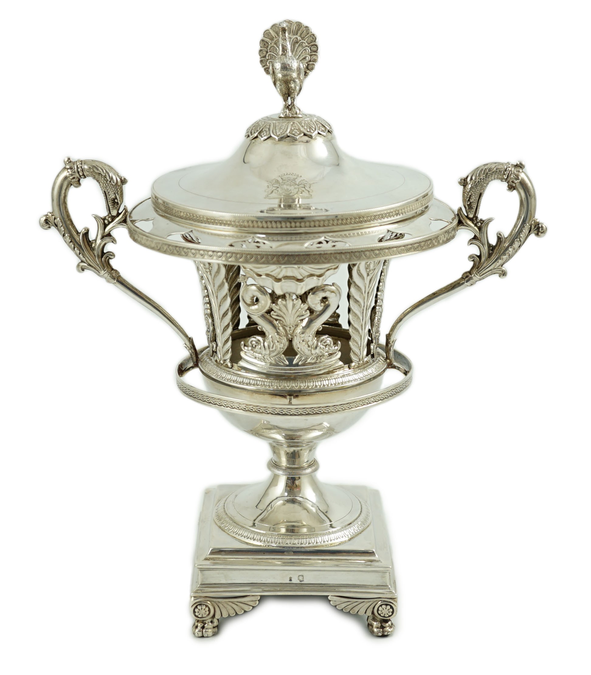A 19th century ornate French pierced silver two handled urn shaped vase and cover